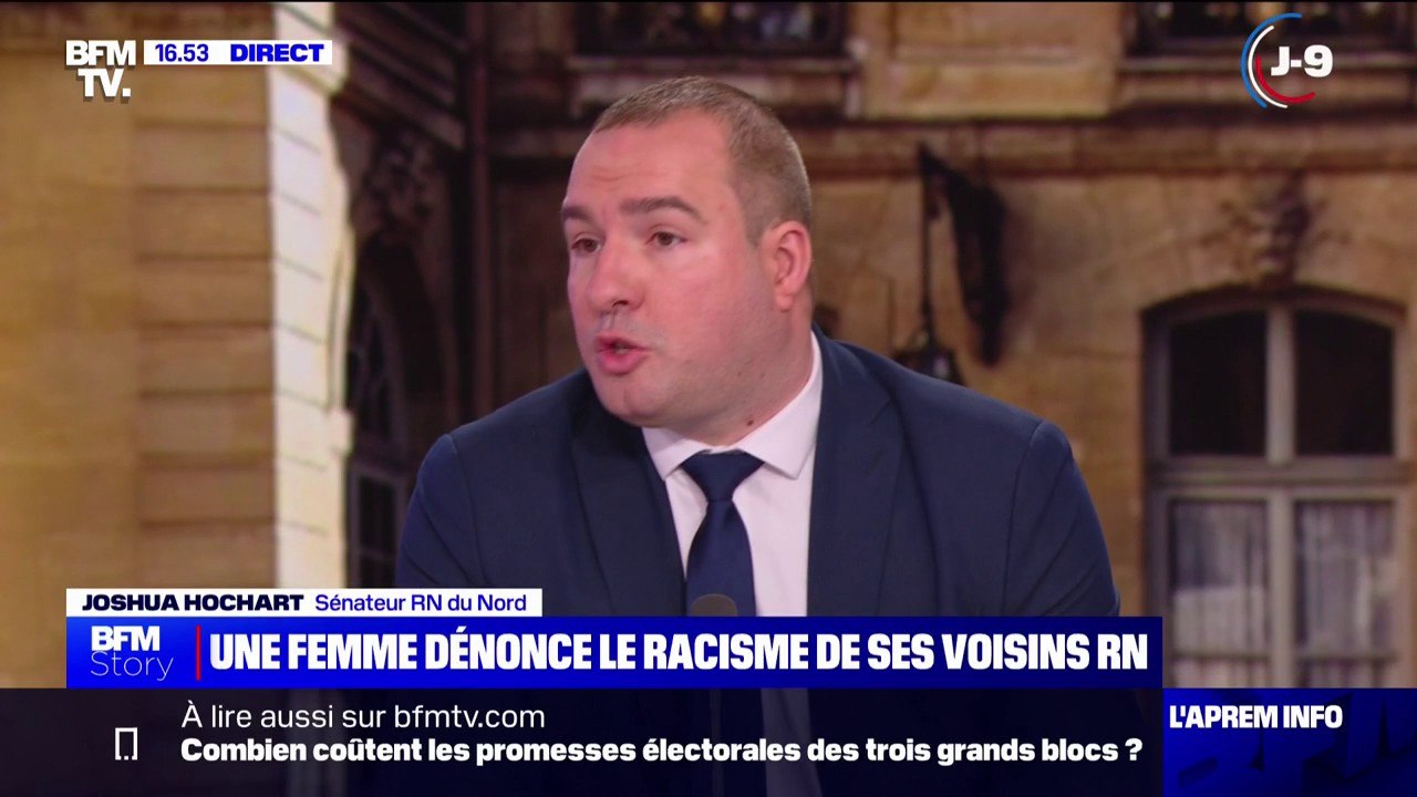 "Chez nous, pas de racisme, pas d'antisémitisme à géométrie variable, nous condamnons tous les racismes": la réaction de Joshua Hochart (RN) au sujet d'une séquence montrant le racisme de partisans du RN