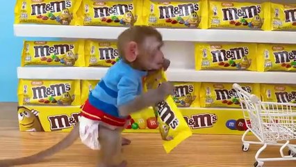 Monkey Baby Bon Bon Goes to Buy Giant M&M Candy and Eats Ice Cream with Puppy in the Garden
