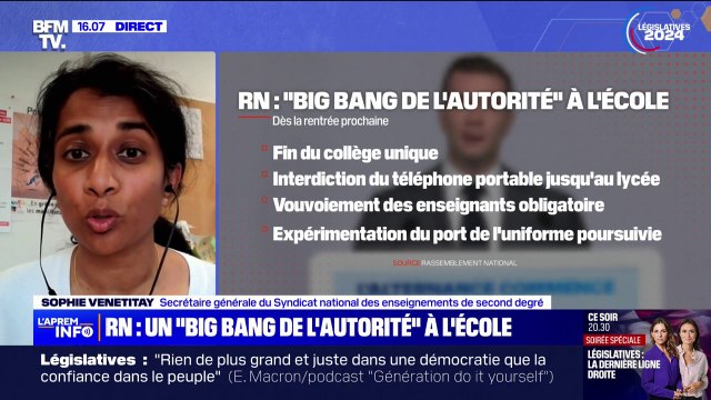 Programme du RN pour l'école: Sophie Venetitay du Syndicat national des enseignements de second degré évoque des mesures complètement hors-sol