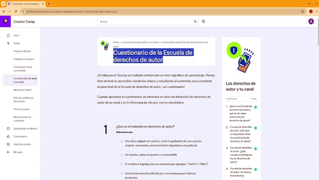 Respuestas Cuestionario de la Escuela de derechos de autor de twitch