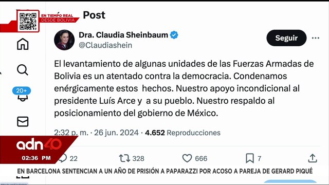 ¡Última Hora! La presidenta electa, Claudia Sheinbaum condena golpe de estado en Bolivia
