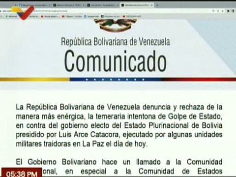 Venezuela respalda y rechaza golpe de estado a la República de Bolivia y a su presidente Luis Arce
