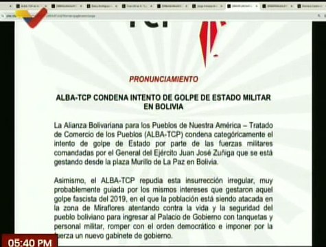 ALBA-TCP Rechaza y condena intento de golpe de Estado militar en la República de Bolivia