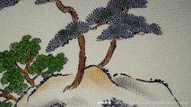 Hand-Painted Grey Tsukesage with Castle in Mountains - Vintage Chirimen Silk Kimono for Women