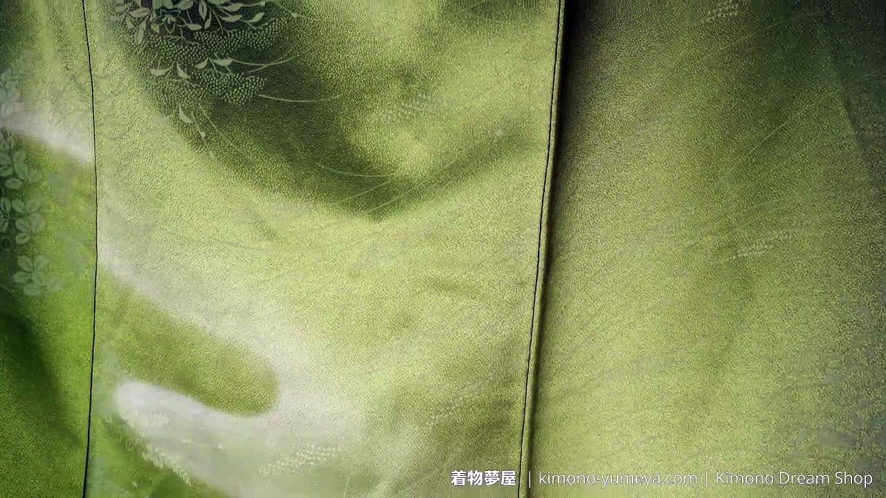 Shiny Green Tsukesage with Dyed Fog Pattern - Vintage Silk Japanese Kimono for Women