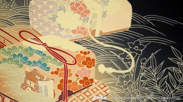 Unique Pastel Colorization Deep Blue Houmongi - Vintage Silk with Hand-Painted Design of Gift Boxes