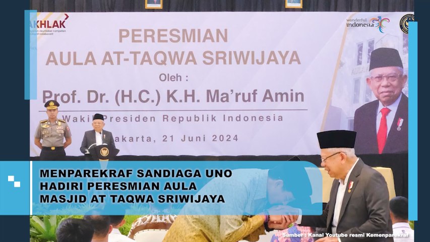 Menparekraf Sandiaga Uno Hadiri Peresmian Aula Masjid At Taqwa Sriwijaya