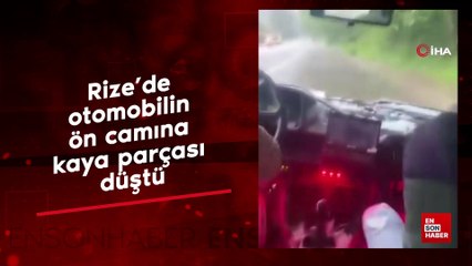 Rize'de otomobilin ön camına kaya parçası düştü