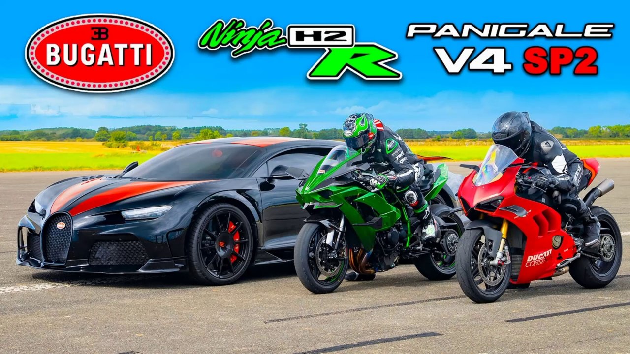 Bugatti Chiron SS vs Kawasaki H2R vs Ducati Panigale SP2: DRAG RACE