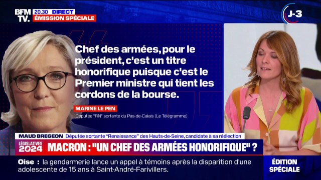 Ça dit quelque chose de son rapport à la Constitution, aux institutions : Maud Bregeon (Renaissance) réagit aux propos de Marine Le Pen sur le chef des armées