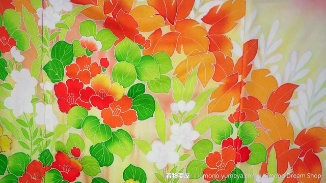 Orange with Vibrant Japanese Camellia Flowers Houmongi - Vintage High Quality Soft, Smooth, Crunchy Silk Women's Kimono - Hand Painted Kyo-Yuzen