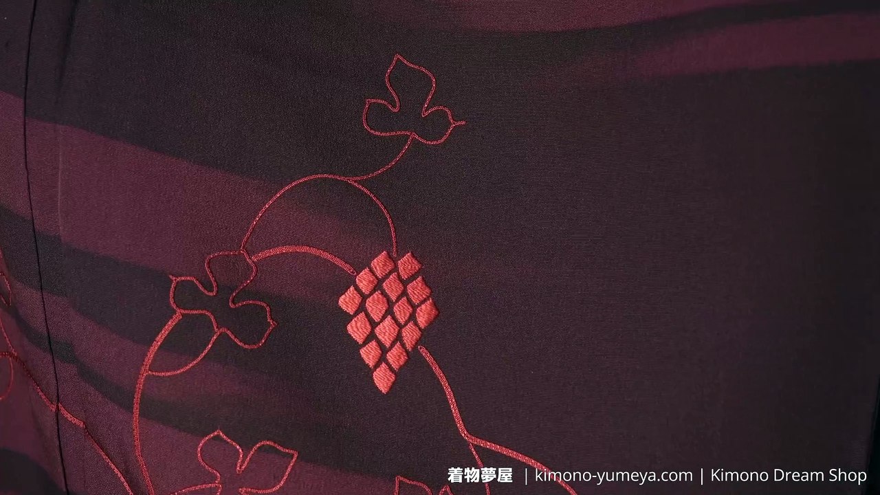 Simple Embroidered Pattern on Fog Tsukesage for Women - Maroon Kimono with Abstract Flowers & Leaves - Traditional Japanese Clothing