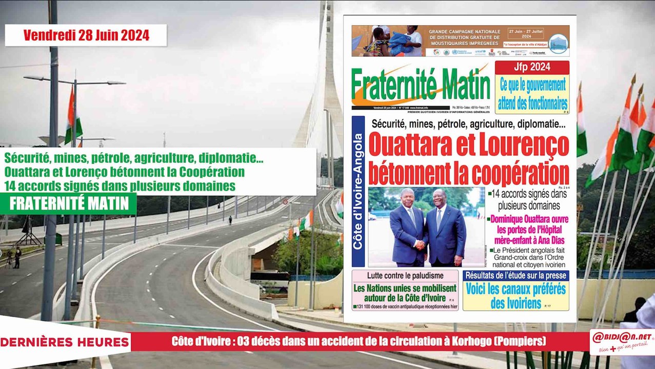 Titrologue Vendredi 28 juin 2024/ Ouattara et João Lourenço bétonnent la coopération
