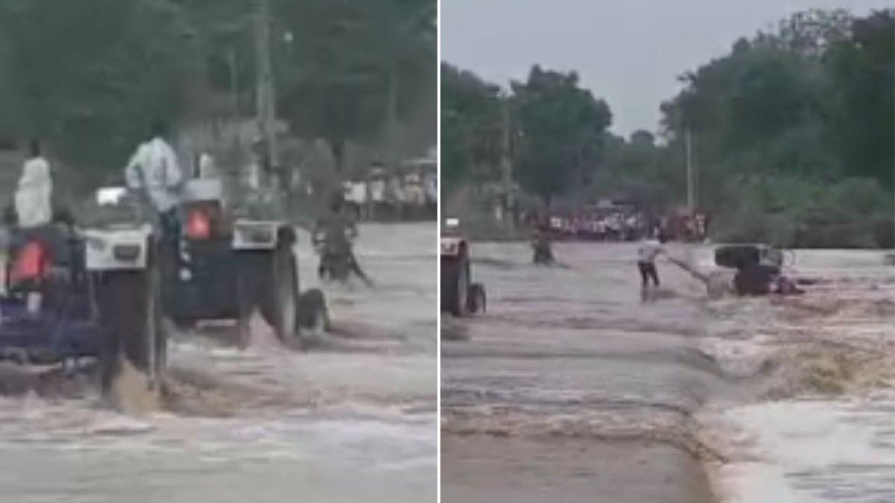 सिरोही: नदी की तेज बहाव के बीच पलटा ट्रैक्टर, बाल-बाल बचा चालक; देखें वीडियो