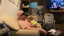 Toddler is not impressed seeing his silly dad fake-crying and mimicking him