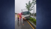 부산 빗길에서 미끄러진 화물차...가로수 들이받아 / YTN