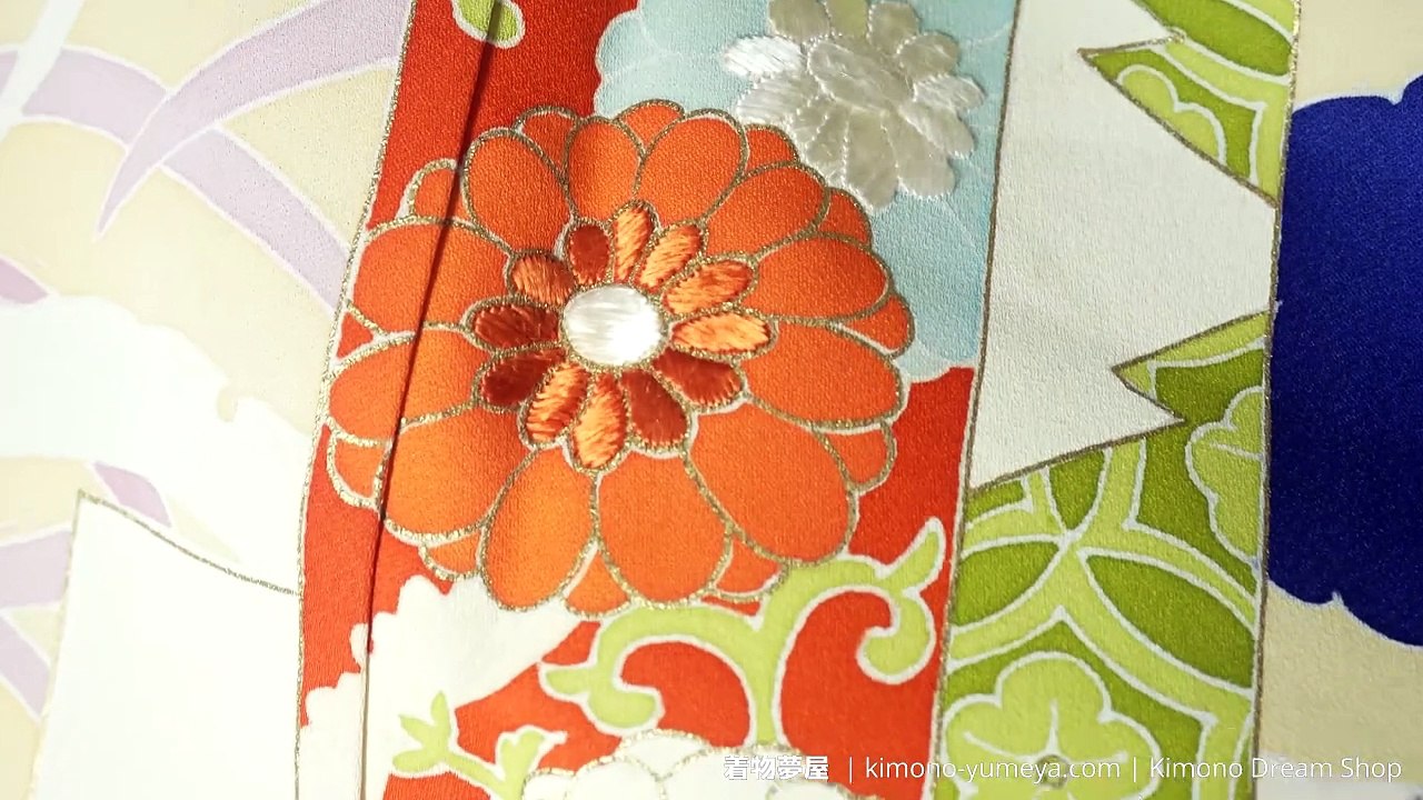 Flowers & Patterns in Rectangles Blue Tsukesage - Vintage Silk Women's Kimono - Hand-Painted Batik Style - Shippou, Vines, Kiku, Botan, Clouds, Grass