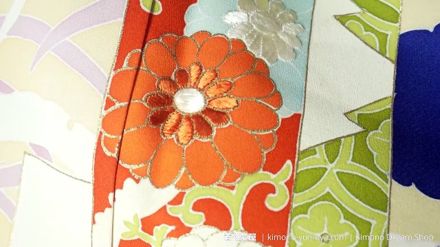 Flowers & Patterns in Rectangles Blue Tsukesage - Vintage Silk Women's Kimono - Hand-Painted Batik Style - Shippou, Vines, Kiku, Botan, Clouds, Grass