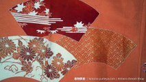 Autumn Flowers & Leaves in Folding Fans Tsukesage - Orange Vintage 1980s Silk Women's Kimono with Red, White, Gold Accenting - Peonies, Fog, Umezakura