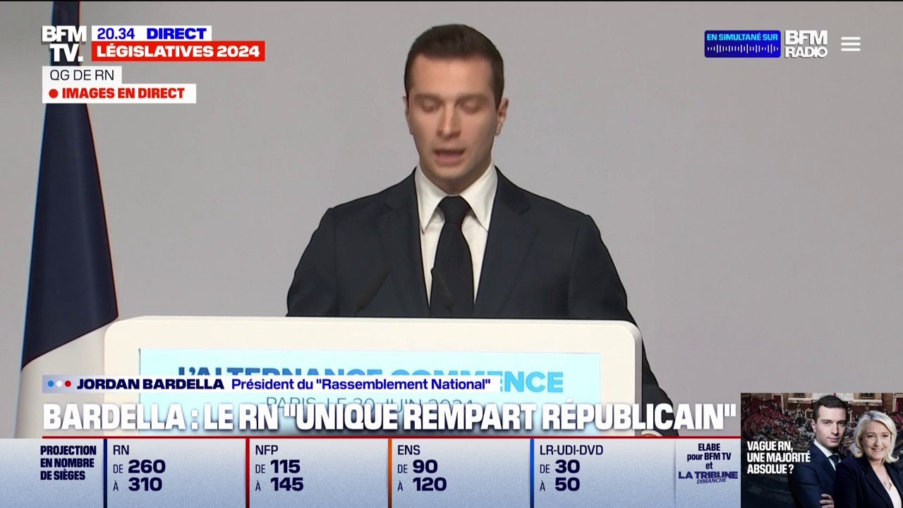 "Deux chemins s'offrent à la France: l'alliance du pire, de l'autre l'union nationale": Jordan Bardella prend la parole depuis le QG du Rassemblement national