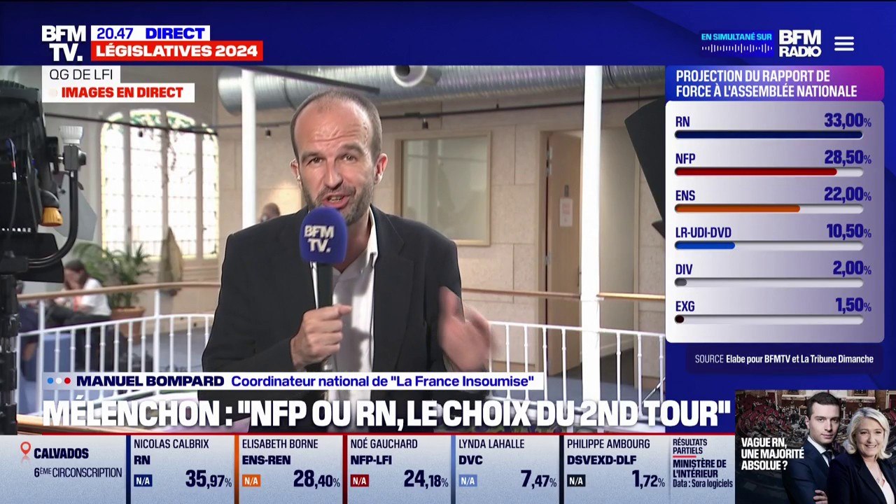 "Pas une voix pour le RN, pas un siège pour le RN": Manuel Bompard, coordinateur national LFI, donne ses consignes de vote pour le second tour