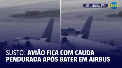 Avião fica com cauda pendurada após bater em airbus