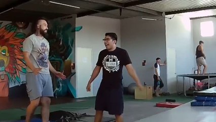 Front-flip goes awry as acrobat's overrotation leads to embarrassing tumble