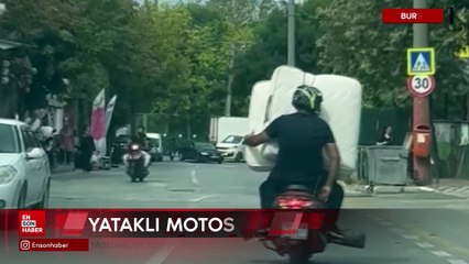 Bursa'da motosiklet üzerinde yatak ile beraber seyahat etti