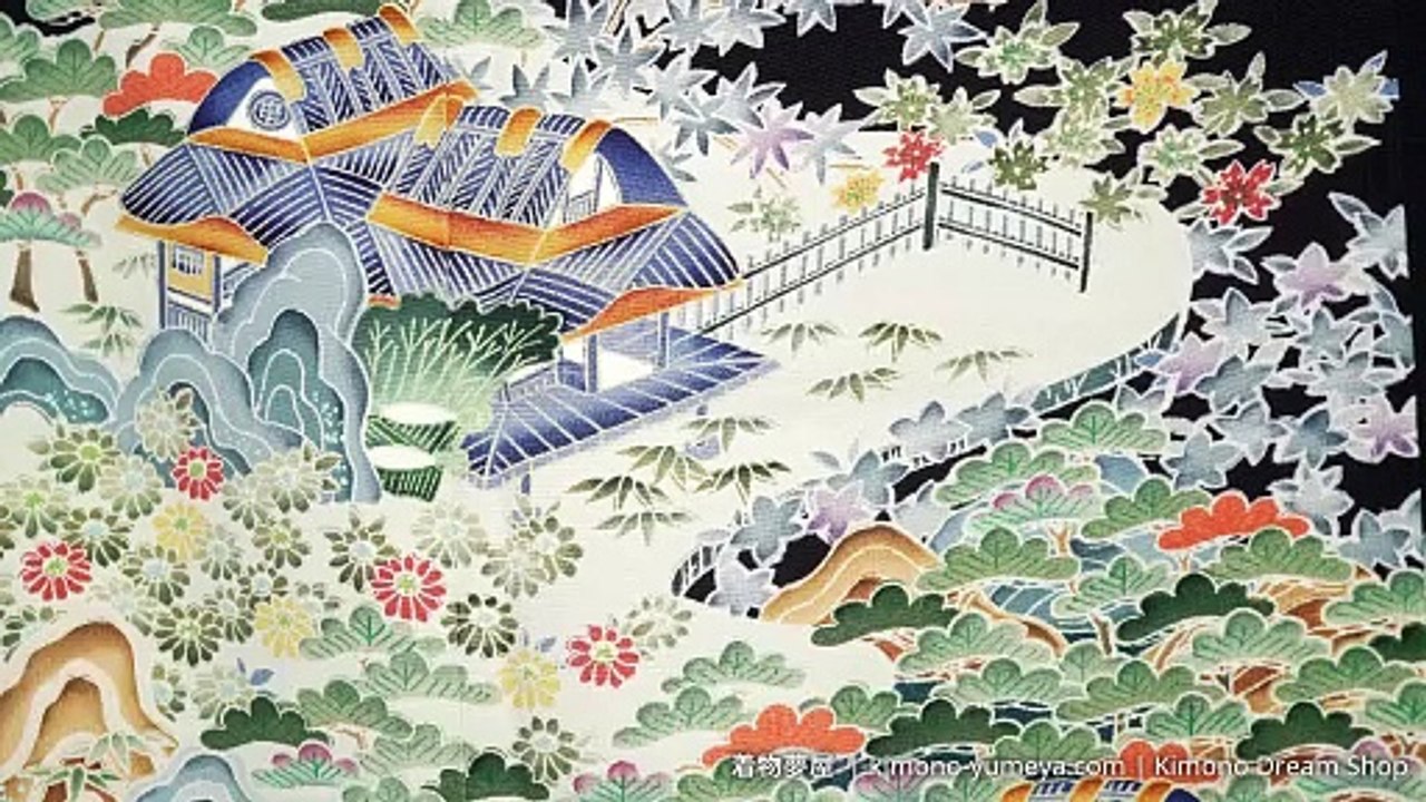 People Manufacturing and Painting Kimonos on Black Tomesode Vintage Chirimen Silk with Hand Painted Ancient Scenes of Japan - Online Kimono Shop