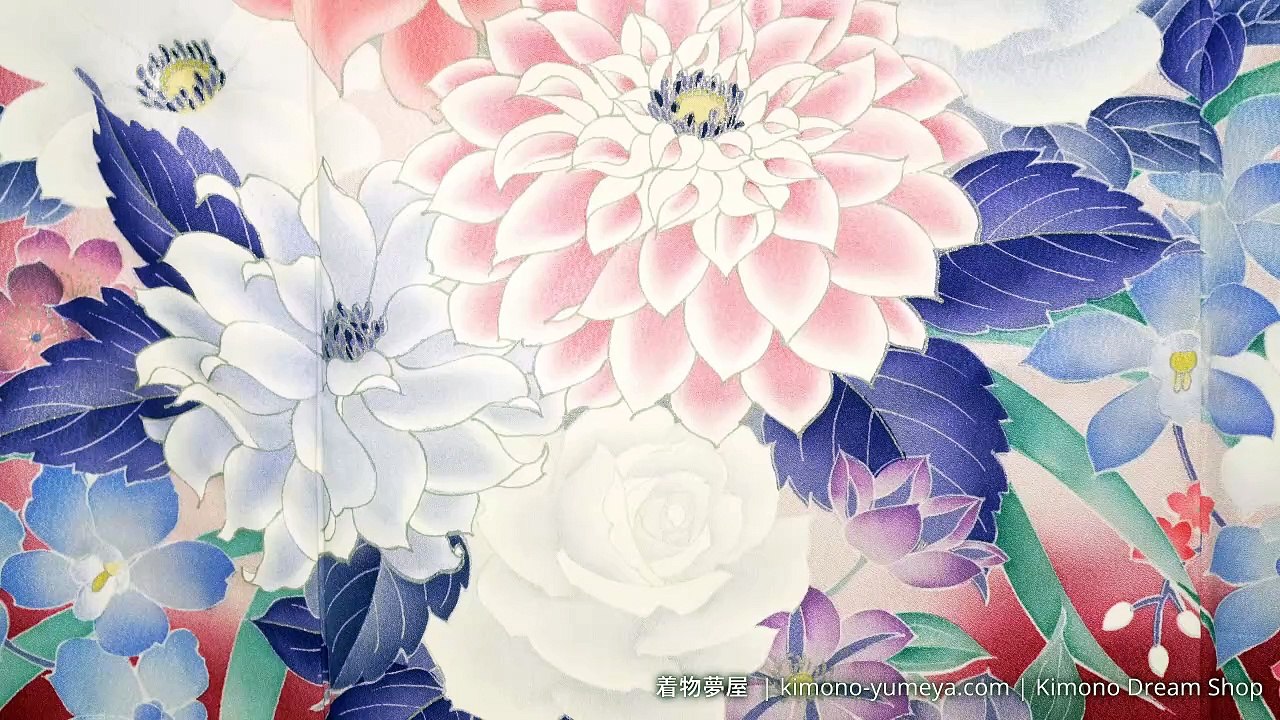 Dull Dark Red Floral Autumn Furisode with Hand Painted Kyo-Yuzen Chrysanthemums, Peonies, Umezakura, Daylily - Vintage Soft Smooth Aya-Ori Silk Kimono