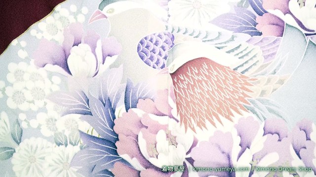 Vintage Purplish Burgundy & Grey Furisode with Kiku, Umezakura, Kikyou, Shobu, Shippou, Seigaiha, Mandarin Ducks - Soft Smooth Shusu-Ori Silk Kimono