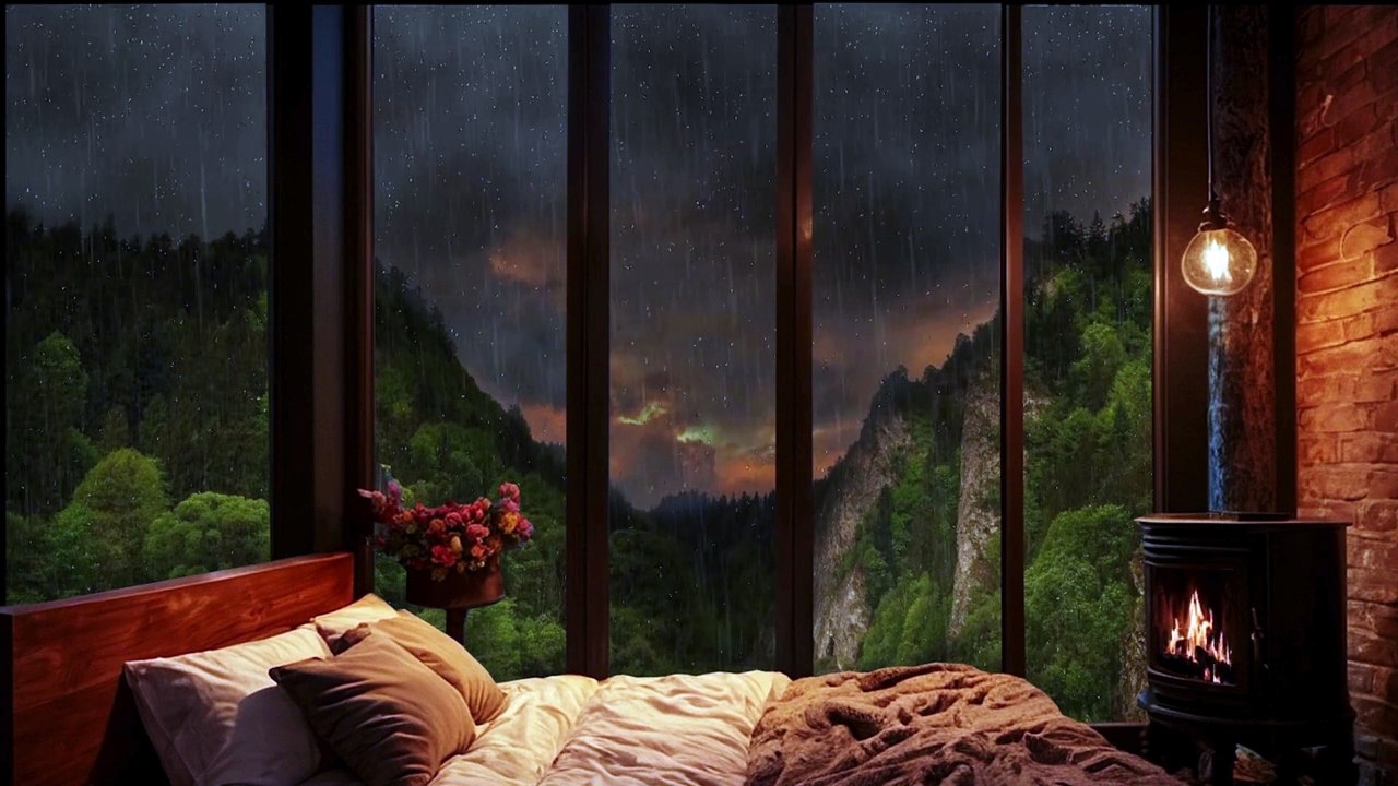 Cozy Rain Ambience in Cozy Wooden House in the forest with Rain falling on window and Crackling Fire