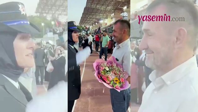 Bir babanın en gururlu anı! Polis okulundan mezun olan kızını çiçeklerle karşıladı