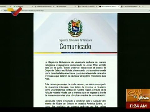 Venezuela rechaza comunicado de Milei sobre intento de golpe de Estado en Bolivia