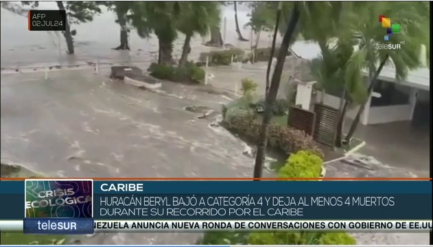 Huracán Beryl bajó a categoría 4 durante su recorrido por el caribe