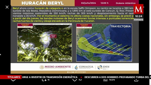 Huracán 'Beryl' se degrada a categoría 4, informa Conagua