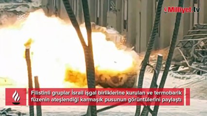 Filistinli gruplar İsrail işgal birliklerine kurulan ve termobarik füzenin ateşlendiği karmaşık pusunun görüntülerini paylaştı