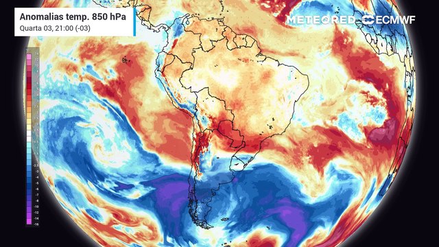 Previsão de anomalia de temperaturas em 850 hPa até sábado (06).