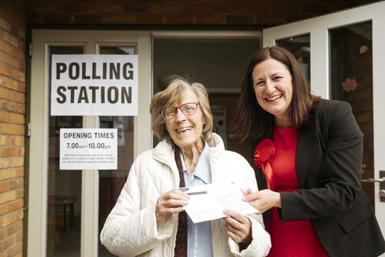 Labour Candidate for Shrewsbury, Julia Buckley, Arrives at a Polling Station