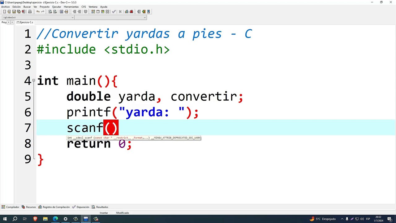 Convertir yardas a pies en C