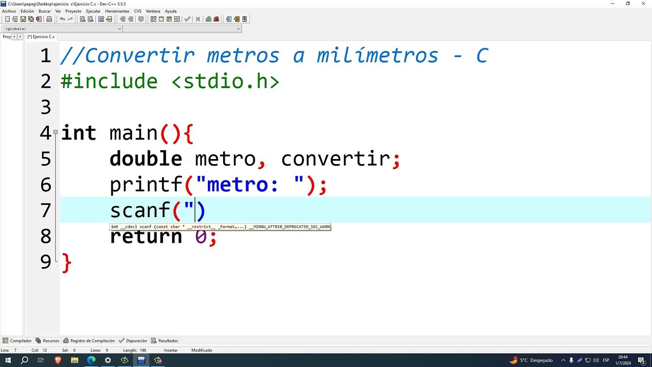 Convertir metros a milímetros en C
