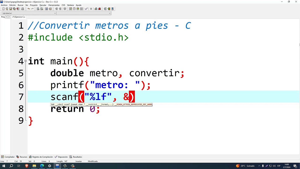 Convertir metros a pies en C