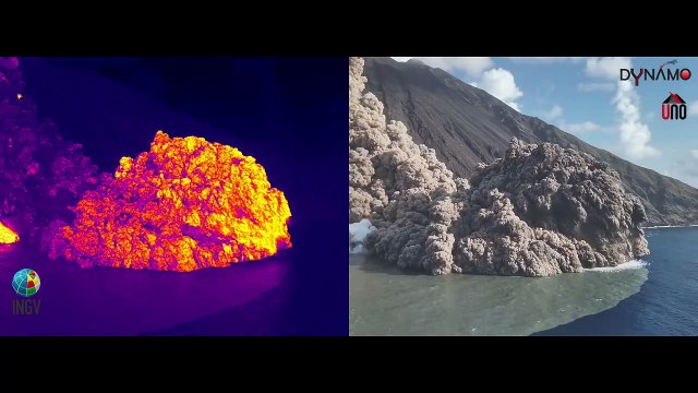confronto tra camera a infrarossi (sinistra) e visibile (destra) dei flussi piroclastici che entrano in mare dopo aver percorso tutta la lunghezza della Sciara del Fuoco a Stromboli.