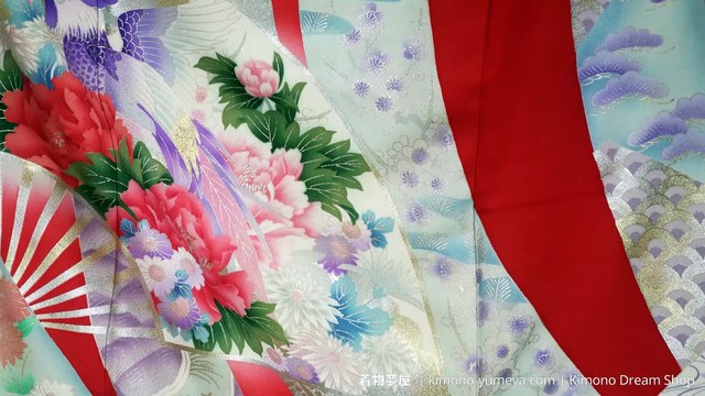 Flowers on Folding Fans & Ribbons Red Black White Furisode - Vintage Silk Women's Kimono - Peonies, Chrysanthemums, Kikkou, Shippou, Umezakura