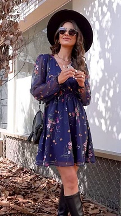 CUPSHE Women's Floral Print Chiffon A-Line Mini Dress Long Peasant Sleeves