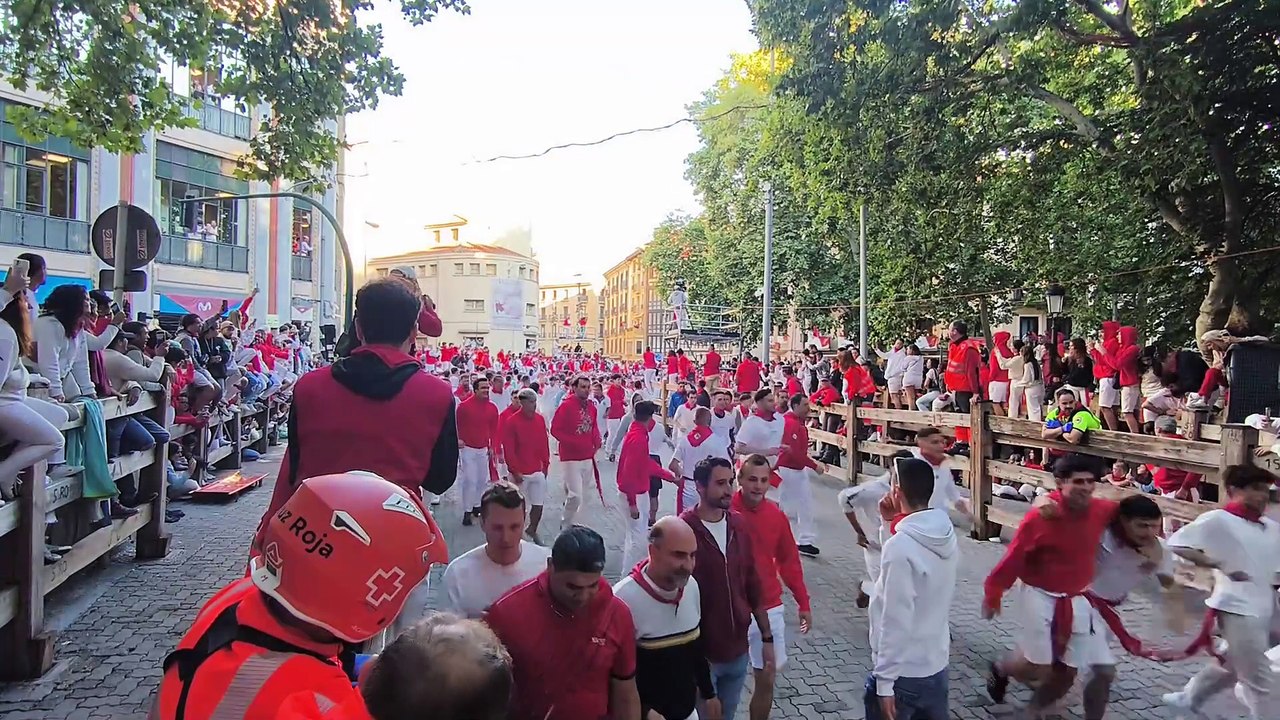 Vídeo del primer encierro de San Fermín con toros de La Palmosilla en el tramo del callejón