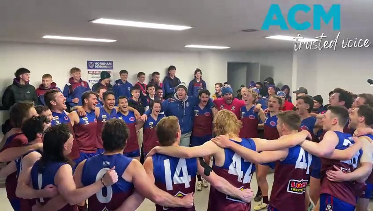 Horsham Demons sing their club song on Sunday, July 7.