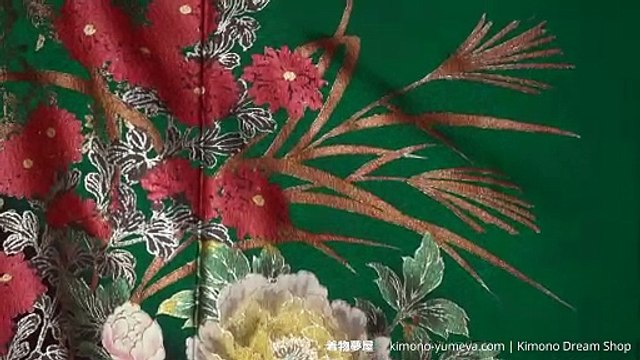 Chrysanthemums & Peonies on High-Quality Silk Green & Black Furisode - Vintage Long-Sleeve Women's Kimono - Irises, Grass, Floral, Gold - Thick Paint