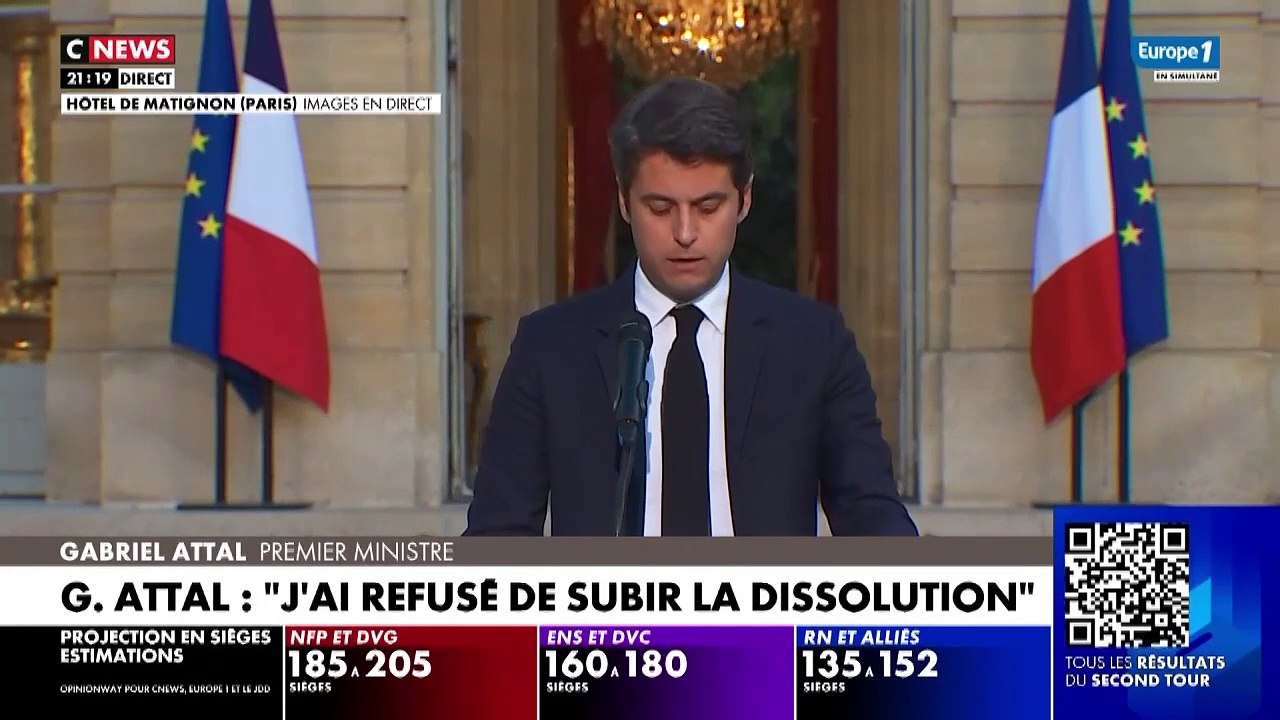 Législatives 2024 : le Premier ministre Gabriel Attal annonce qu'il «remettra sa démission dès demain matin» au président