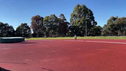Yual Reath breaks his shoe in a high jump attempt at Llanberris Reserve - The Courier - July 8, 2024